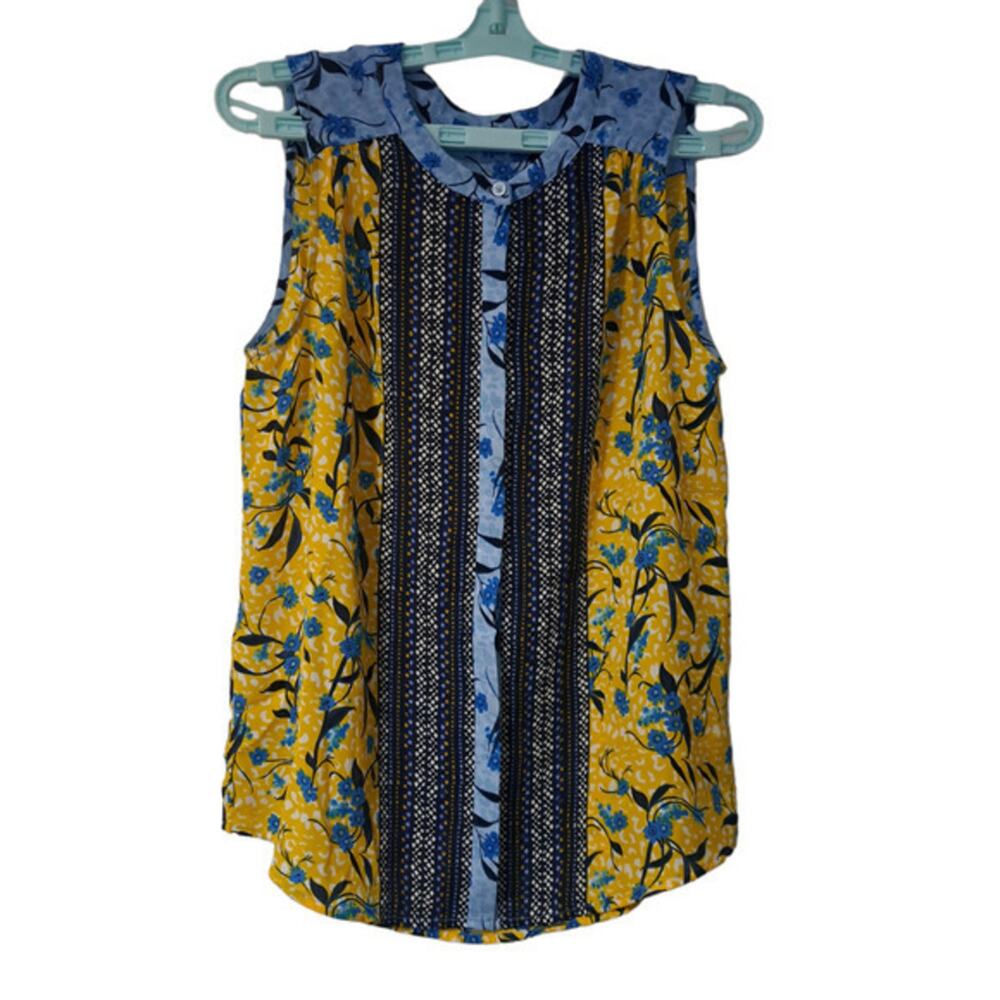 Dalia Womens Sleeveless Button Down Blouse Yellow Blue Floral Sz M